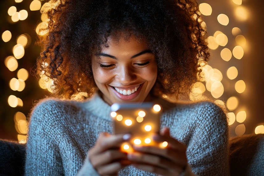 Woman using mobile phone with Christmas lights in background