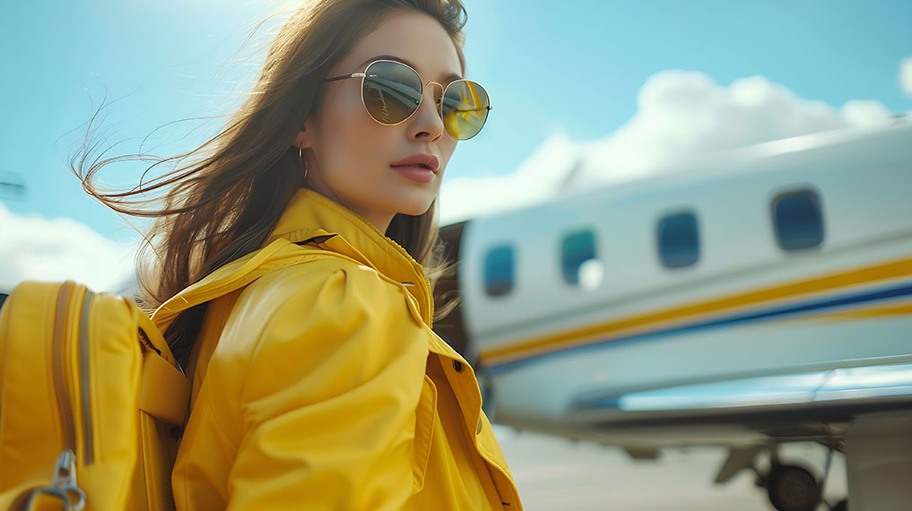 Woma in yellow coat boarding aeroplane wearing sunglasses